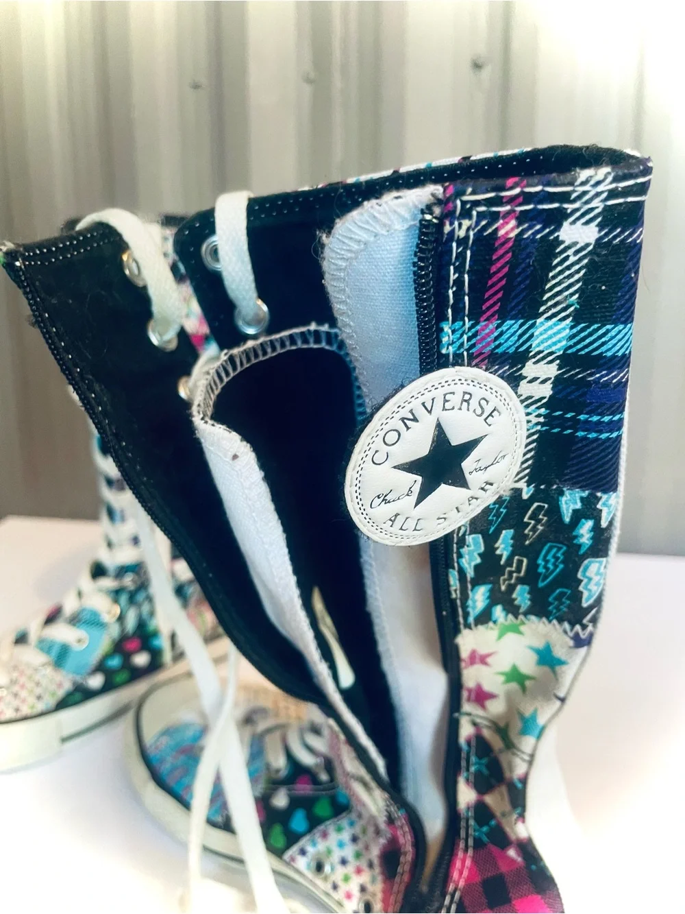 RARE Converse All Star Sky XX-Hi Boots Patchwork Jrs 3 Extra Tall Sneakers Punk